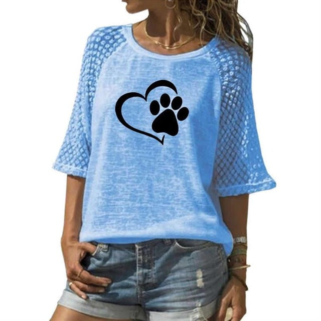 Fashion Animal Print Lace Crew Neck T-Shirt