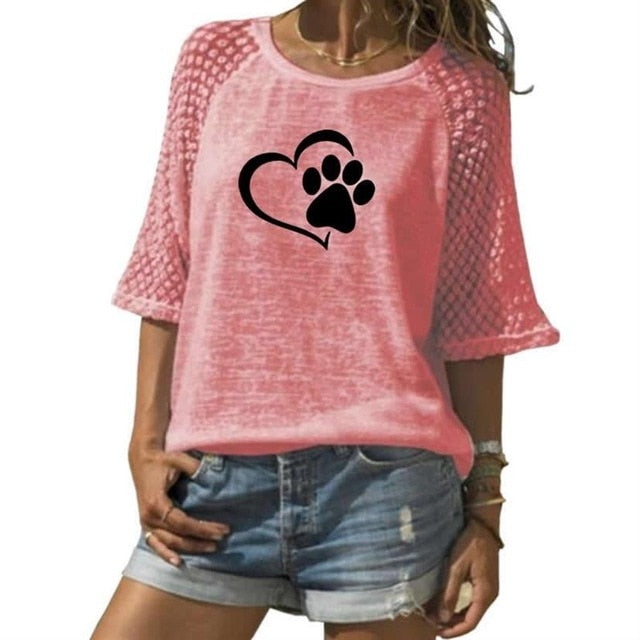 Fashion Animal Print Lace Crew Neck T-Shirt