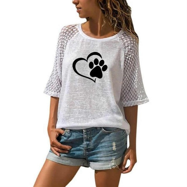 Fashion Animal Print Lace Crew Neck T-Shirt