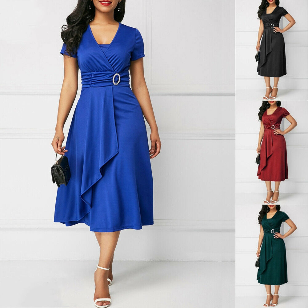 Elegant Women High Waist Plain Asymmetric Midi Fashion Dress