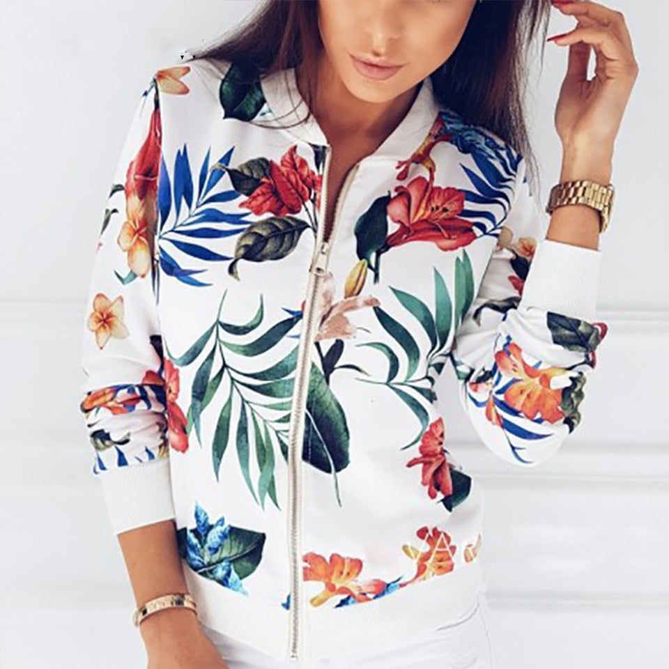 Print Bomber Jacket Women Flowers Zipper Up Retro Coat Spring 2019 Summer Long Sleeve Basic Plus Size Short Biker Jackets for Female