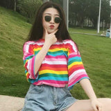 New T Shirt Women Rainbow Striped Tops Short Sleeve Korean Punk T-shirt