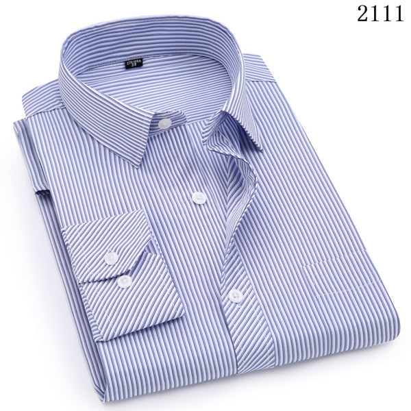 Mens Business Casual Long Sleeved Shirt Classic Striped Male Social Dress Purple Blue