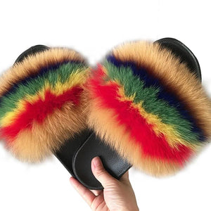 Fur Slippers Warm Fox Fur Slippers For Women Slides Flip Flop Indoor Furry Home Slippers Fluffy Sandals Winter Plush Shoes