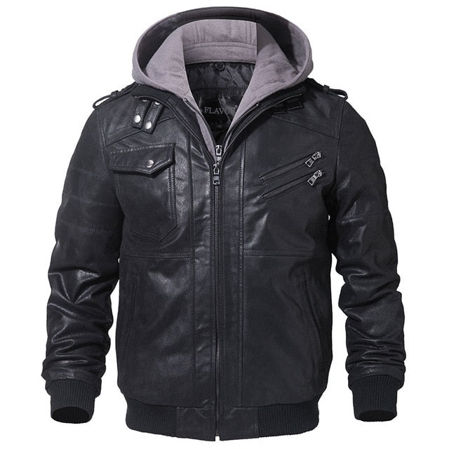 Men's Real Leather Jacket Men Motorcycle Removable Hood winter coat Warm Genuine Leather Jackets