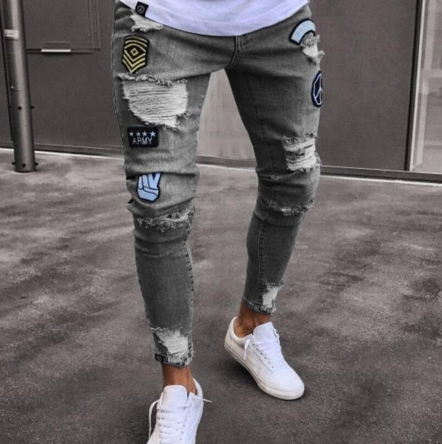 Men Stretchy Ripped Skinny Jeans Biker Embroidery Print High Quality Jeans Destroyed Hole Taped Slim Fit Denim Scratched