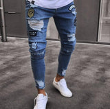 Men Stretchy Ripped Skinny Jeans Biker Embroidery Print High Quality Jeans Destroyed Hole Taped Slim Fit Denim Scratched