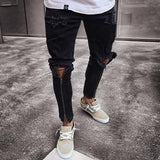 Men Stretchy Ripped Skinny Jeans Biker Embroidery Print High Quality Jeans Destroyed Hole Taped Slim Fit Denim Scratched