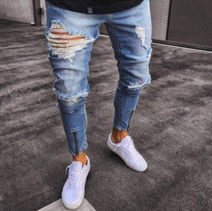 Men Stretchy Ripped Skinny Jeans Biker Embroidery Print High Quality Jeans Destroyed Hole Taped Slim Fit Denim Scratched