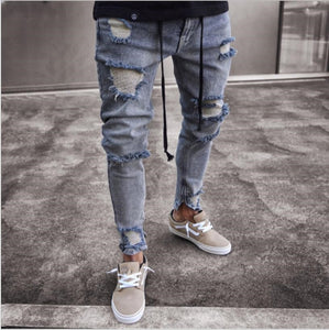 Men Stretchy Ripped Skinny Jeans Biker Embroidery Print High Quality Jeans Destroyed Hole Taped Slim Fit Denim Scratched