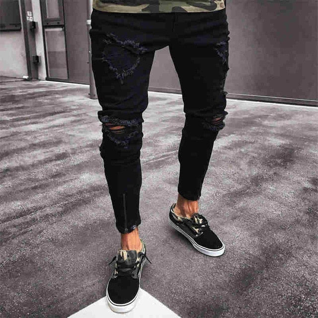 Men Stretchy Ripped Skinny Jeans Biker Embroidery Print High Quality Jeans Destroyed Hole Taped Slim Fit Denim Scratched