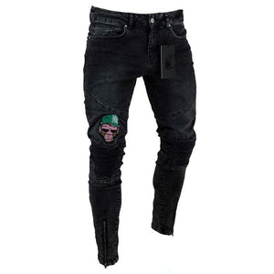 Men Stretchy Ripped Skinny Jeans Biker Embroidery Print High Quality Jeans Destroyed Hole Taped Slim Fit Denim Scratched