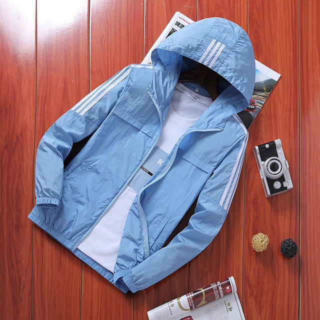 summer solid color hooded suntan jacket men's hip-hop collared shirt street coat casual Sun protection clothing