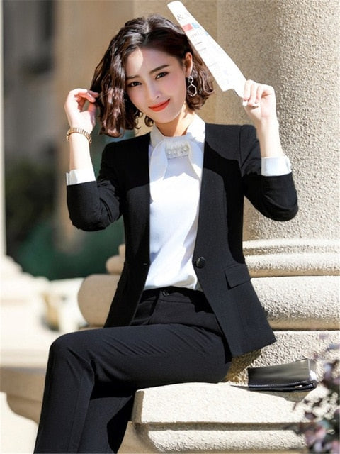 Women Suit Office Slim Fashion Long Sleeve Single Button Blazer And Trouser Set